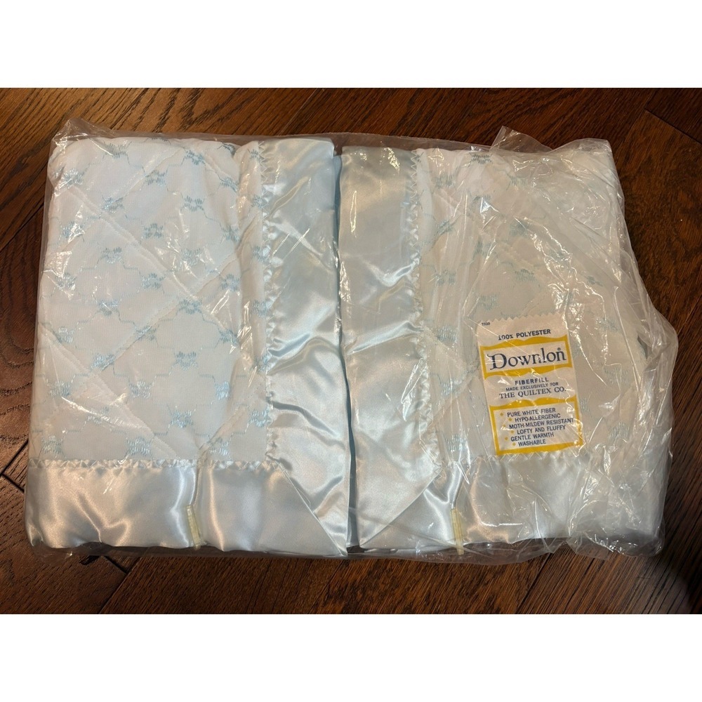 Vintage Baby Blanket Blue White Quiltex Downlon 36"x50" Polyester  Nursery Decor